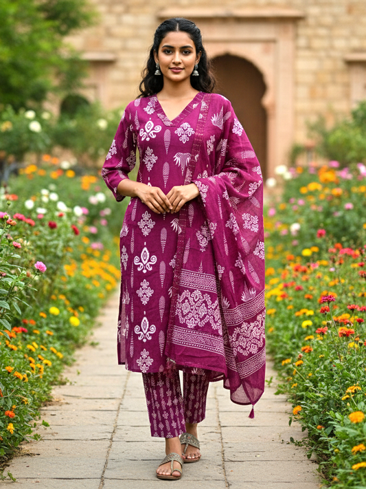 Vibrant Fuchsia Pink Block Print Kurta Set with Traditional Motif Pattern and Dupatta