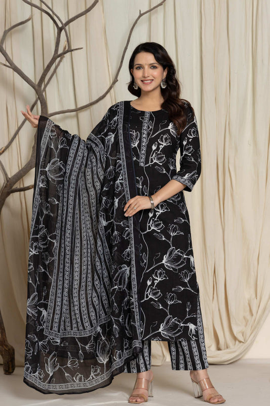 Black & White Cotton Kurta & Dupatta Set – Elegant & Comfortable