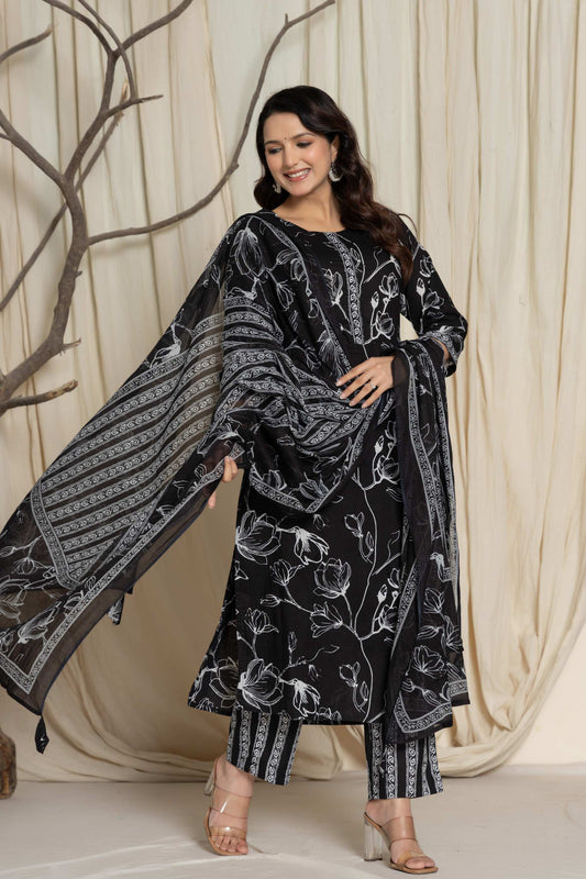Black & White Cotton Kurta & Dupatta Set – Elegant & Comfortable