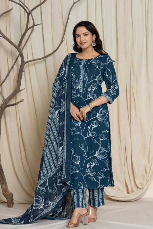 Elegant Blue Cotton Kurta & Dupatta Set – Plus Sizes Available