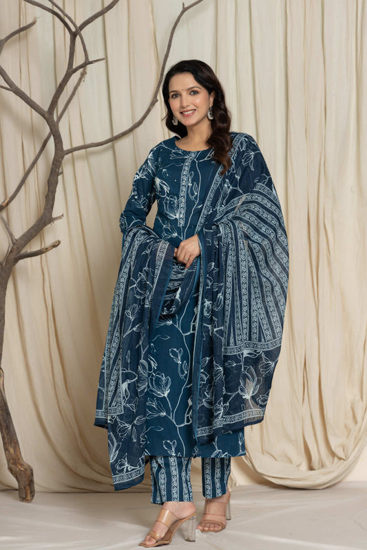 Elegant Blue Cotton Kurta & Dupatta Set – Plus Sizes Available