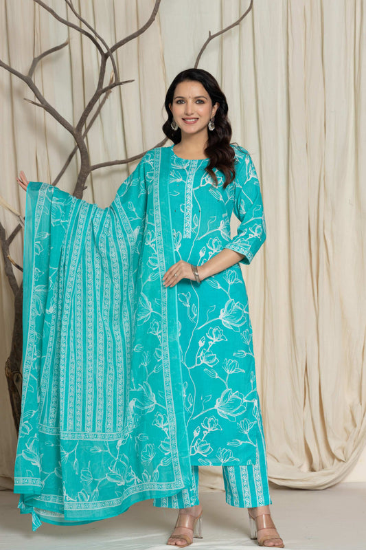 Elegant Turquoise Green Cotton Kurta & Dupatta Set – Plus Sizes Available