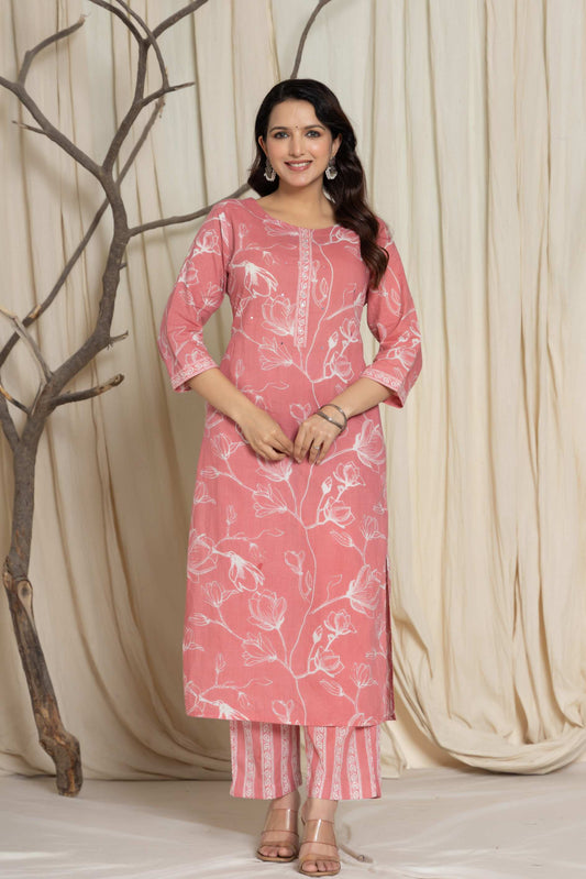 Elegant Pink Cotton Kurta & Dupatta Set – Plus Sizes Available