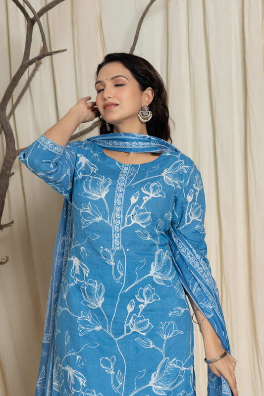 Elegant Sky Blue Cotton Kurta & Dupatta Set – Plus Sizes Available