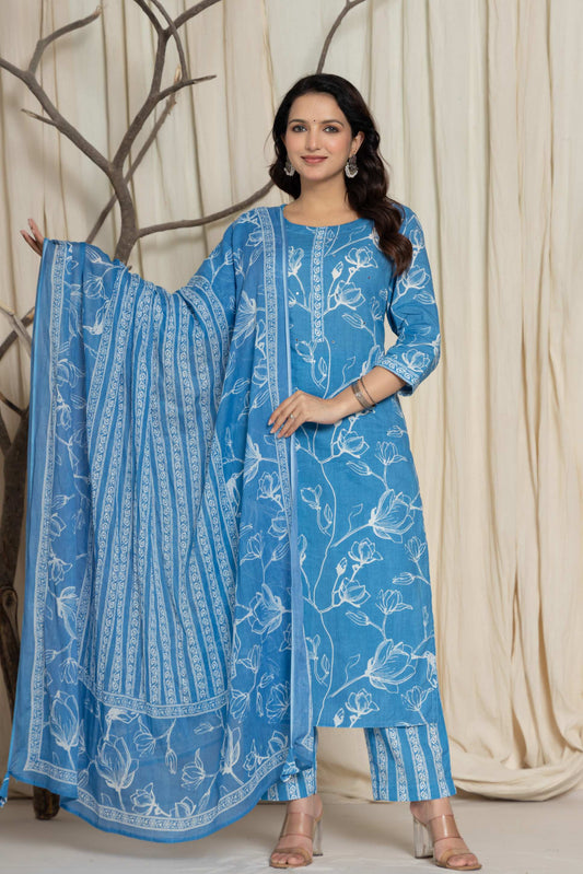 Elegant Sky Blue Cotton Kurta & Dupatta Set – Plus Sizes Available