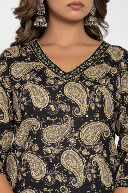 Elegant Black & Beige Paisley Cotton Kurta & Dupatta Set – Plus Sizes Available