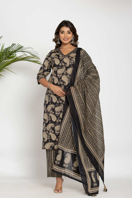 Elegant Black & Beige Paisley Cotton Kurta & Dupatta Set – Plus Sizes Available