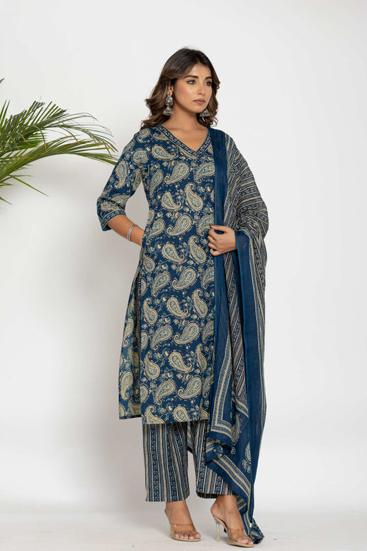 Elegant Blue Paisley Cotton Kurta & Dupatta Set – Plus Sizes Available