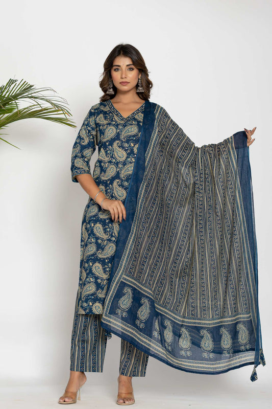 Elegant Blue Paisley Cotton Kurta & Dupatta Set – Plus Sizes Available