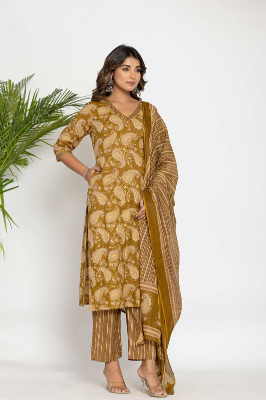 Mustard Paisley Cotton Kurta & Pant Set – Plus Sizes Available