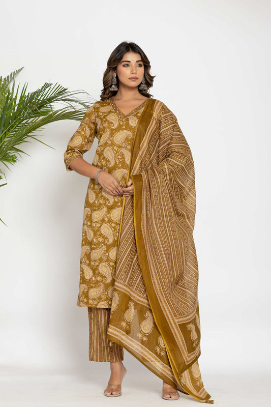 Mustard Paisley Cotton Kurta & Pant Set – Plus Sizes Available