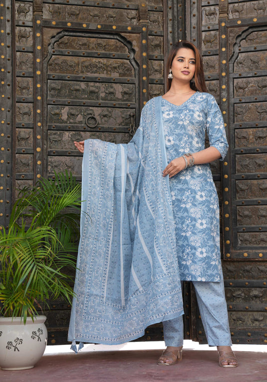 Blue Floral Cotton Kurta Set – Elegant & Breezy