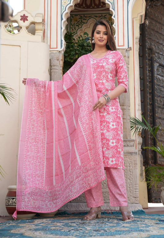 Pink Floral Cotton Kurta Set – Elegant & Breezy