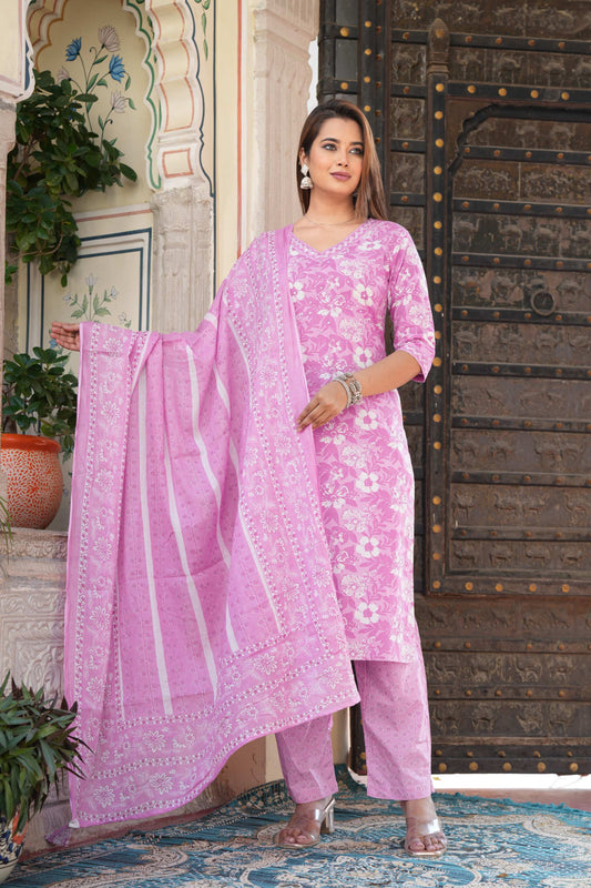 Purple Floral Cotton Kurta Set – Elegant & Breezy