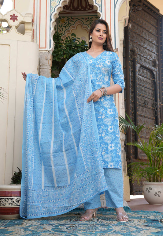 Sky Blue Floral Cotton Kurta Set – Elegant & Breezy