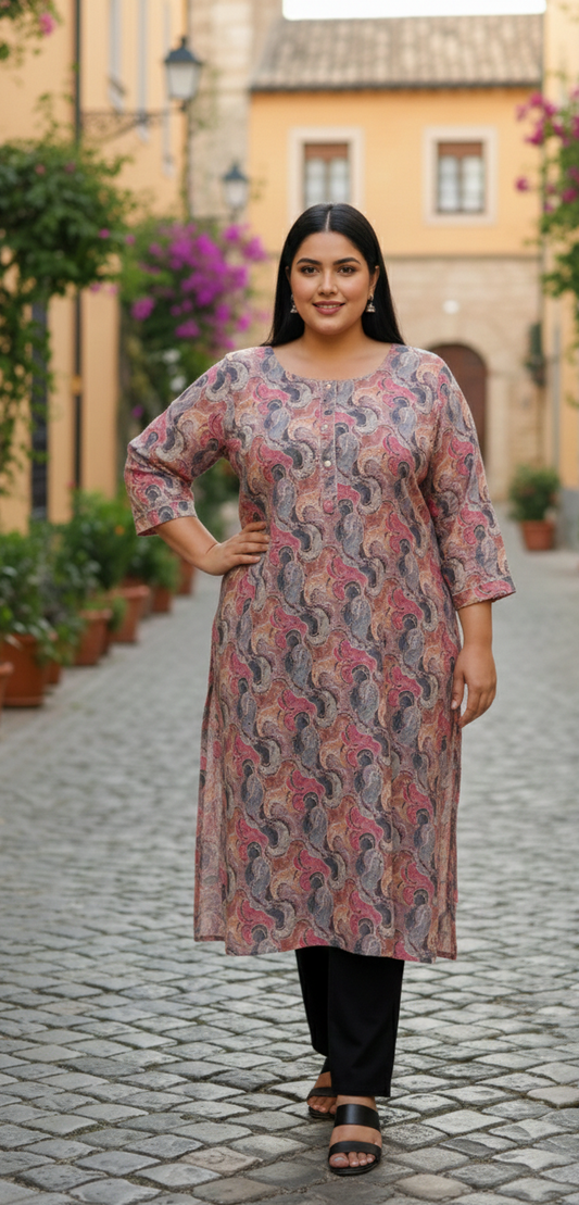 Bohemian Marble-Swirl Cotton Kurti | Earthy Rose, Slate & Ochre