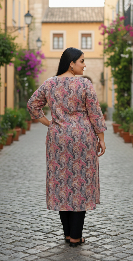 Bohemian Marble-Swirl Cotton Kurti | Earthy Rose, Slate & Ochre