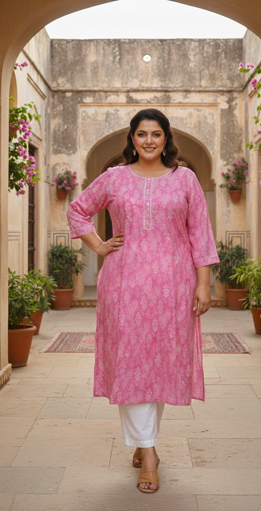 Ethereal Blossom Pink Cotton Shiffly Kurti | Intricate Print