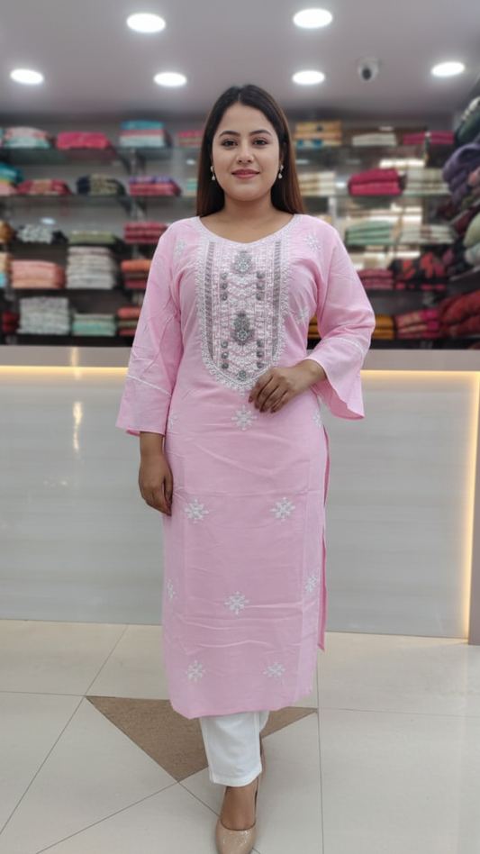 Bohemian Abstract Swirl Embroidery Cotton Kurti | Earthy Rose & Slate Grey