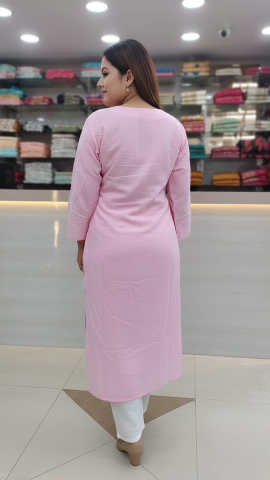 Bohemian Abstract Swirl Embroidery Cotton Kurti | Earthy Rose & Slate Grey