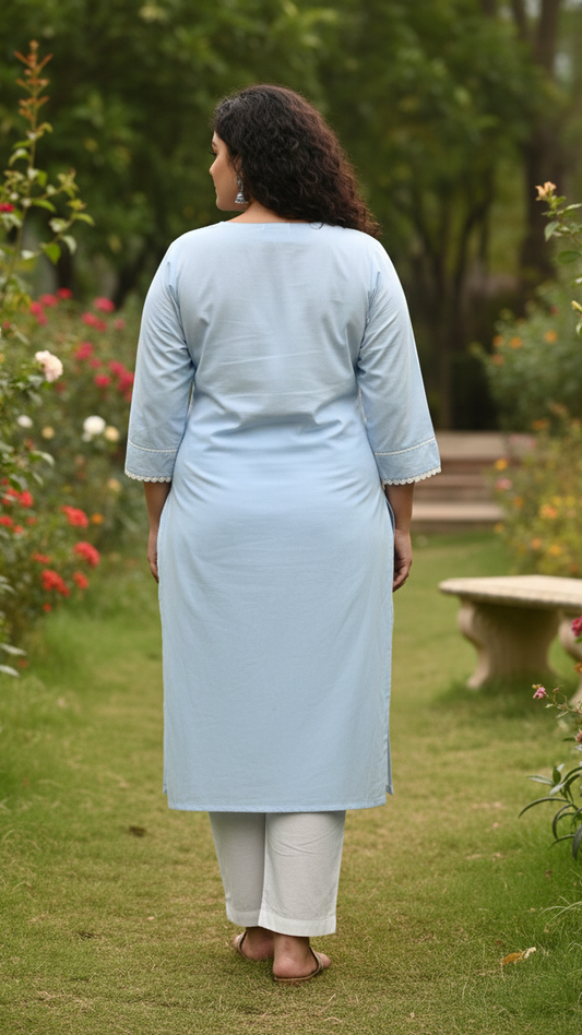 Blossom Blue Cotton Kurti | Intricate Floral Embroidery