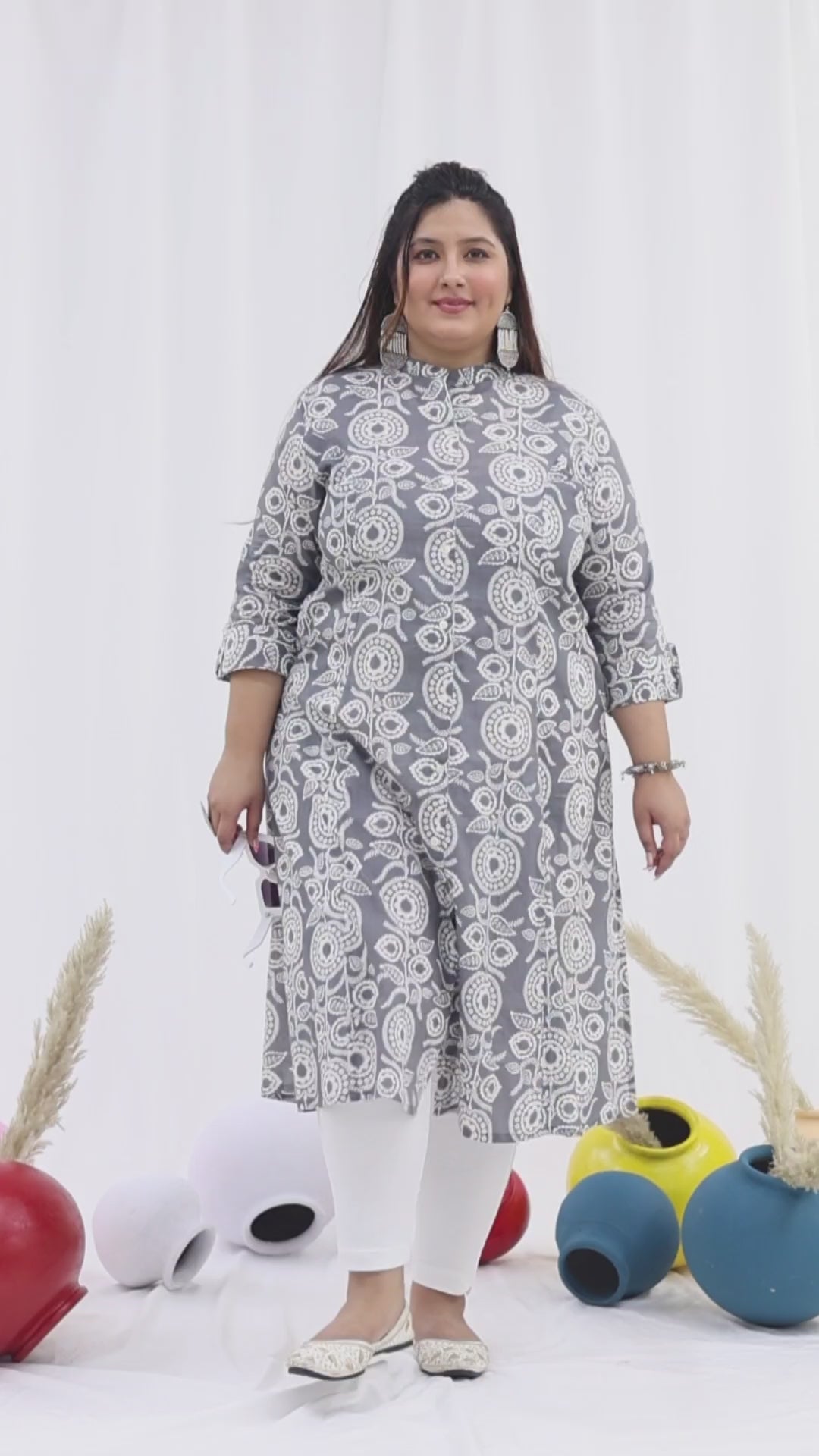 Women Printed Cotton A-line Kurta (B09-Grey)