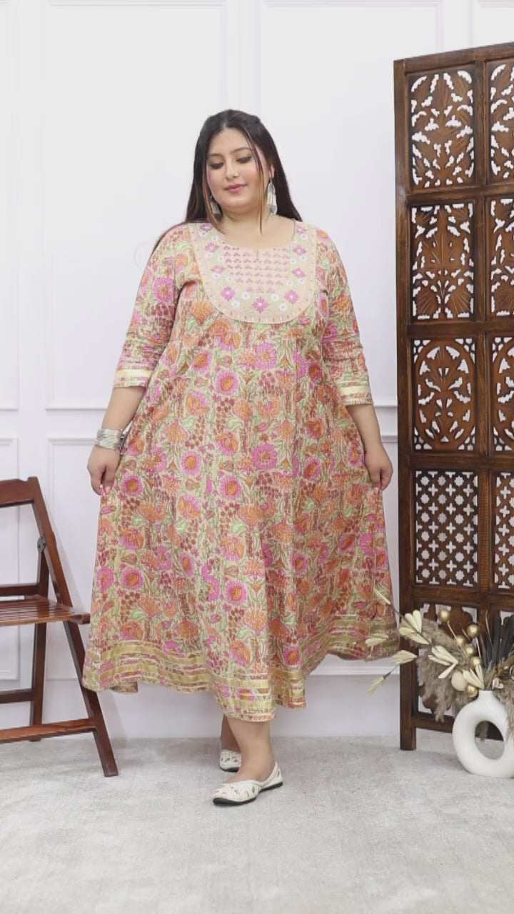 Plus Size Peach Cotton Floral Print Embroidered Long Kurta (B22-Peach)