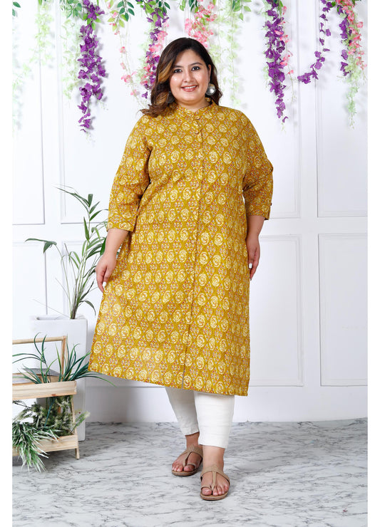 Women Printed Pure Cotton A-line Kurta (100007-Mustard)