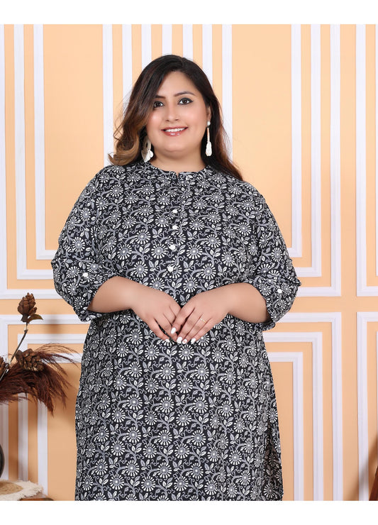Women Printed Cotton Blend Straight Kurta (100006-Black)