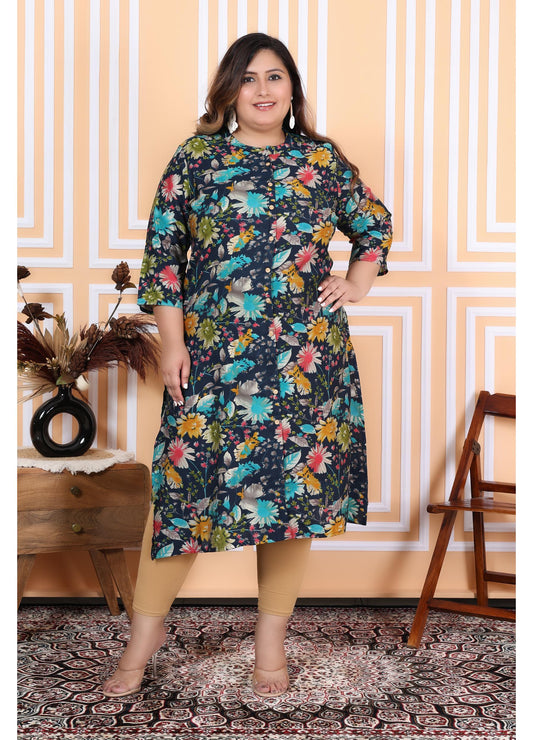 Women Printed Muslin A-line Kurta (100005-Blue)