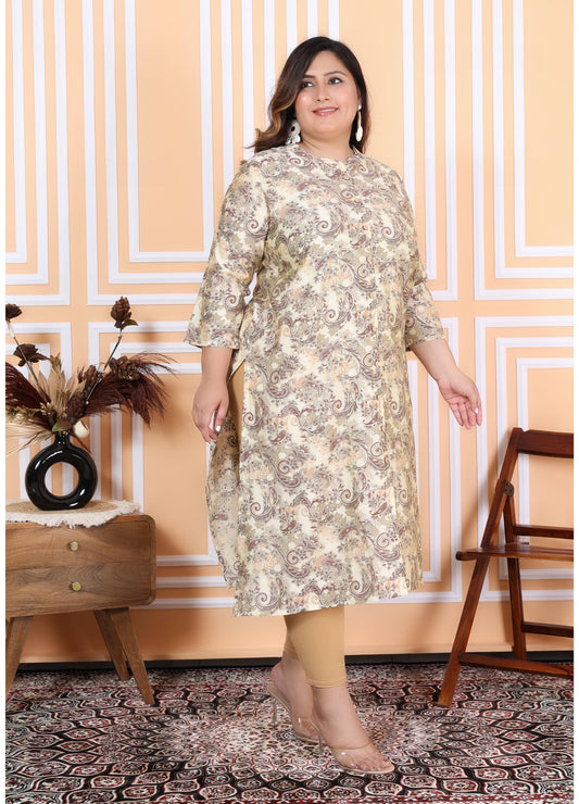 Women Printed Muslin A-line Kurta (100001-Beige)