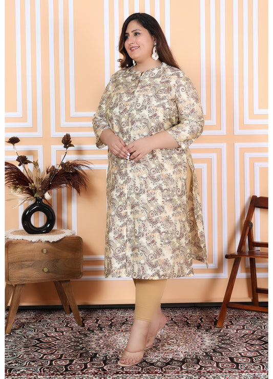 Women Printed Muslin A-line Kurta (100001-Beige)