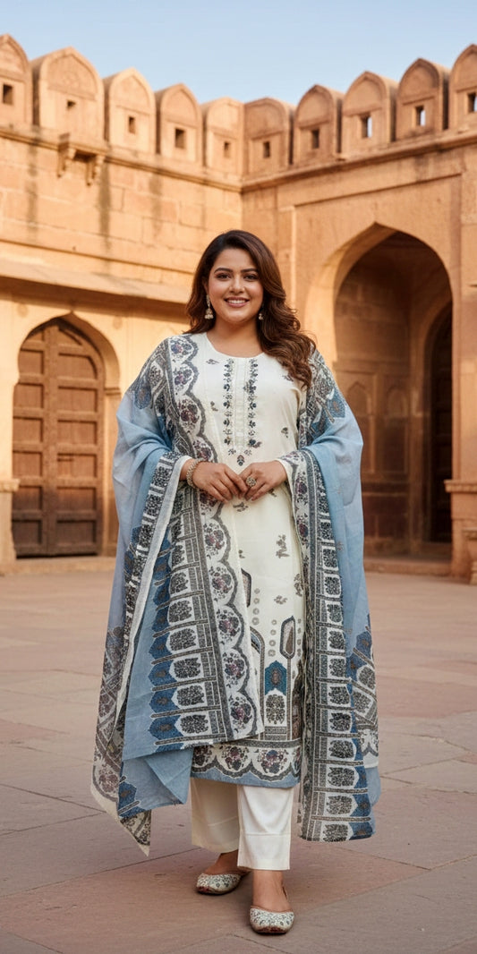 Elegant Ivory & Blue Printed Kurta Set with Dupatta – Festive Ethnic Wear