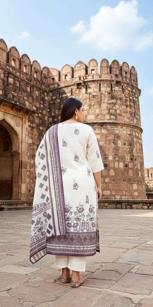 Ivory Floral Printed Kurta Set with Dupatta | Elegant Ethnic Wear for Women