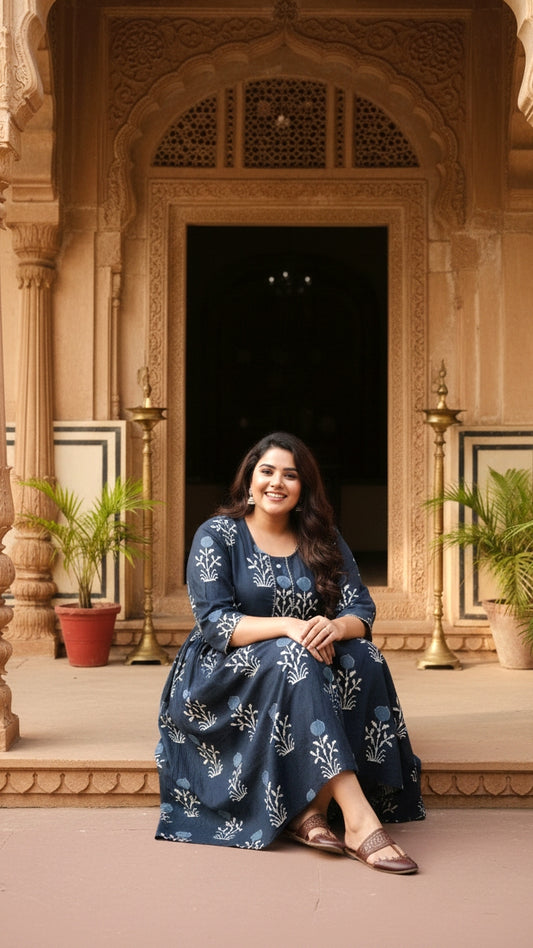 Plus Size Cotton Black Floral Printed Gown