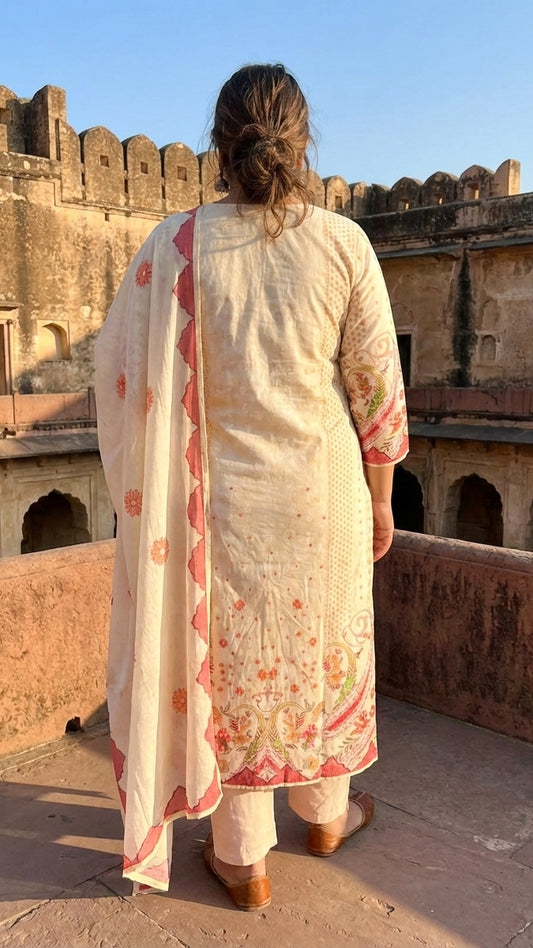Women’s Elegant Cream Printed Kurta Pant Set with Dupatta | Festive Ethnic Wear Suit Set