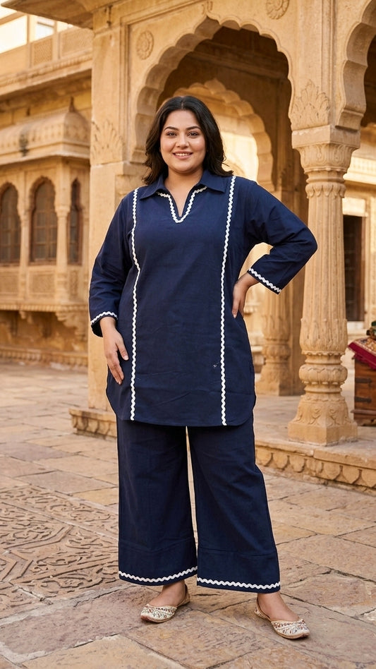 Plus Size Navy Blue Cotton Co-ord Set with Contrast Lace Detailing | Comfortable Ethnic Co-ords for Women