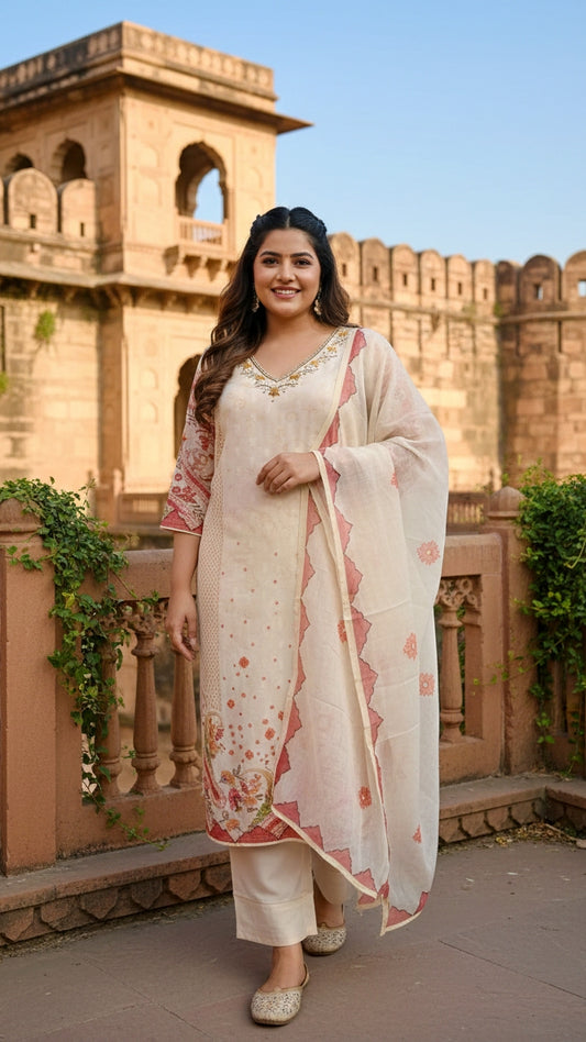 Women’s Elegant Cream Printed Kurta Pant Set with Dupatta | Festive Ethnic Wear Suit Set