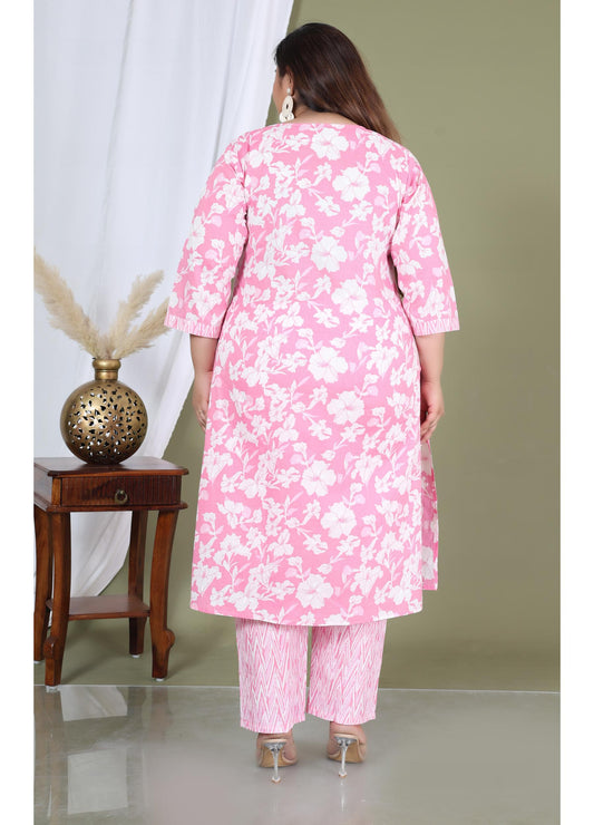 Pink Cotton Printed Embroidered Kurta With Pant Set (100008-Pink)