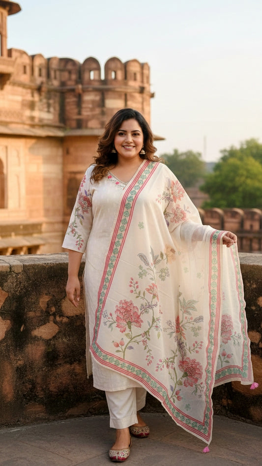 Women’s White Floral Printed Kurta Pant Set with Dupatta | Elegant Festive Ethnic Suit Set