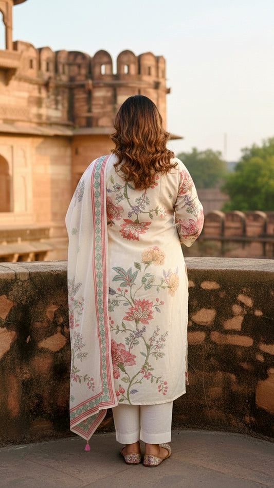 Women’s White Floral Printed Kurta Pant Set with Dupatta | Elegant Festive Ethnic Suit Set