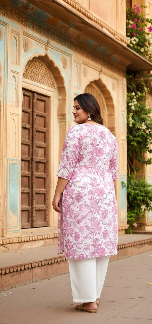 Pink Floral Cotton Shiffly Kurti  for Women | Soft Breathable Daily Wear Ethnic Kurti