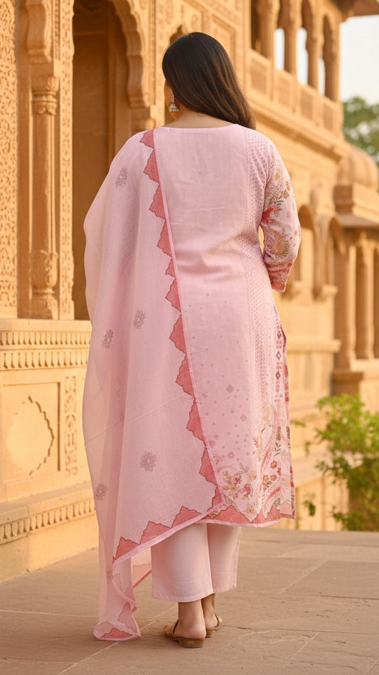 Women’s Light Pink Printed Kurta Pant Set with Dupatta | Elegant Festive Ethnic Suit Set