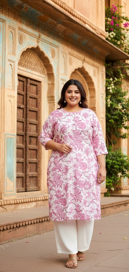 Pink Floral Cotton Shiffly Kurti  for Women | Soft Breathable Daily Wear Ethnic Kurti