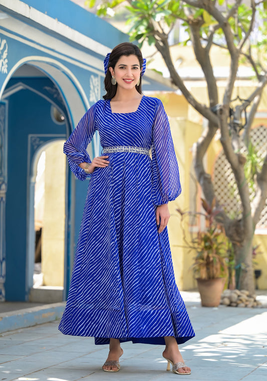 Blue Leheriya anarkali gown | | Shop stylish women's clothing online at Label Flavia |