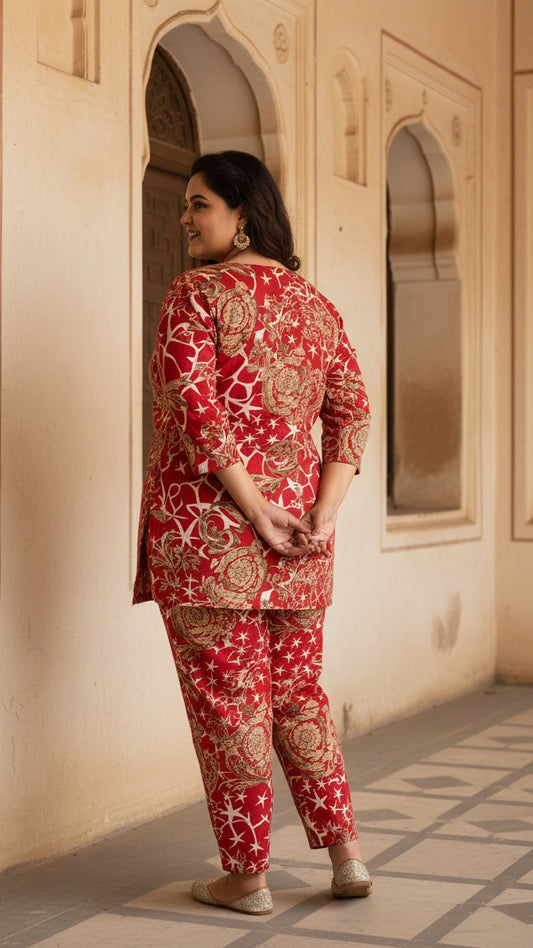 Plus Size Red Abstract Cotton Co-ord Set – Comfortable Everyday Wear for Women