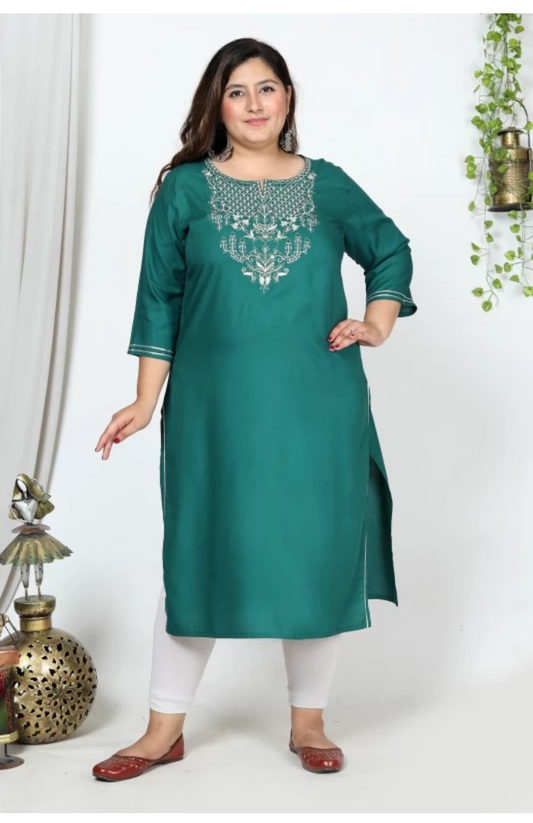 Women Embroidered Cotton Blend Straight Kurta (100011-Green)