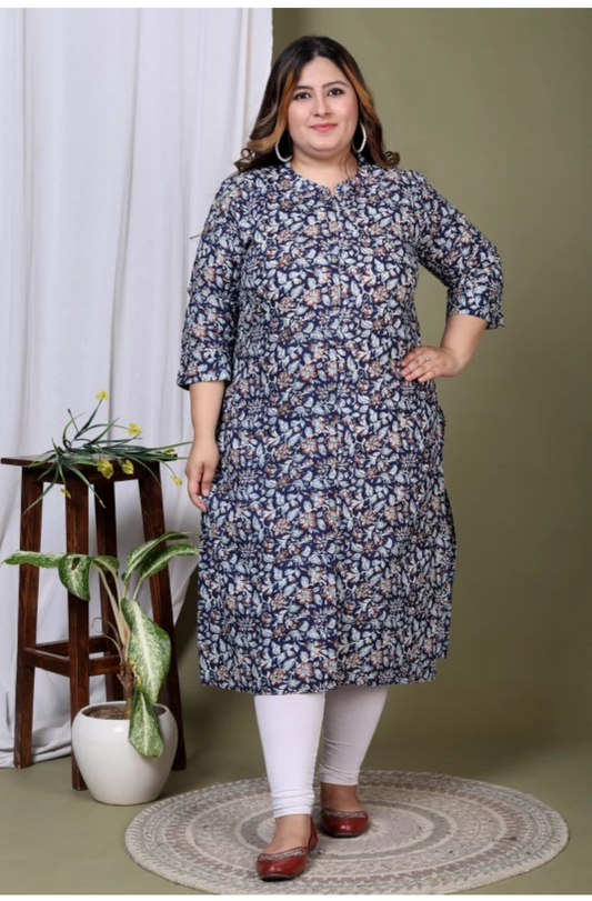 Women Floral Printed Cotton A-Line Kurta (100013-Blue)