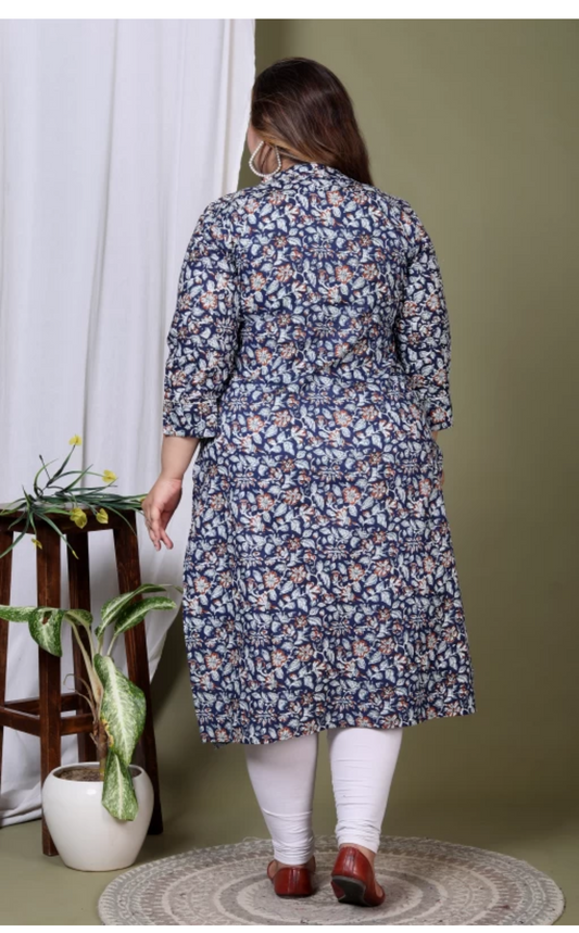 Women Floral Printed Cotton A-Line Kurta (100013-Blue)