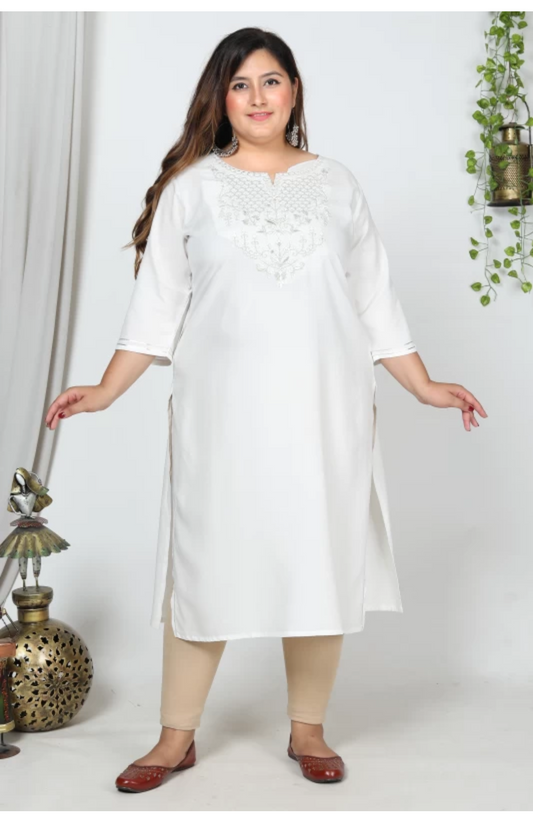 Women Embroidered Cotton Blend Straight Kurta (100017-White)